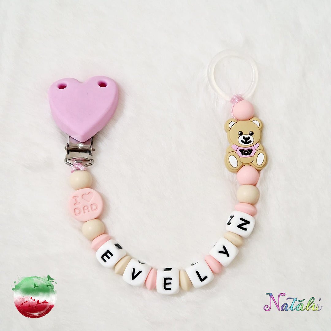 Personalisierte rosa Herz-Schnullerkette